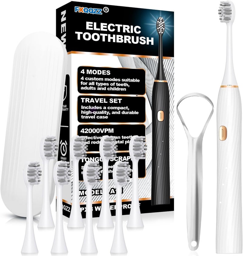 FXQQZZ Electric Toothbrush for Adults and Kids, with Tongue Scraper and Travel Case, 8 Brush Head, Smart Timer & 4 Modes Rechargeable Toothbrush, 42000 VPM Deep Clean, One Charge Last 90 Days - White - Image 1